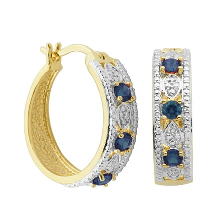14k Yellow Gold Over Fine Silver Plated Bronze Genuine Blue Sapphire and Diamond Accent Hoop Earrings