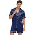 thumbnail image 2 of Mens Pijamas Color Sólido Hielo Seda de Manga Corta con Pantalones de Cuello de Cinco Puntos, Ropa de Dormir de Satén Conjunto para el Hogar, 2 of 6