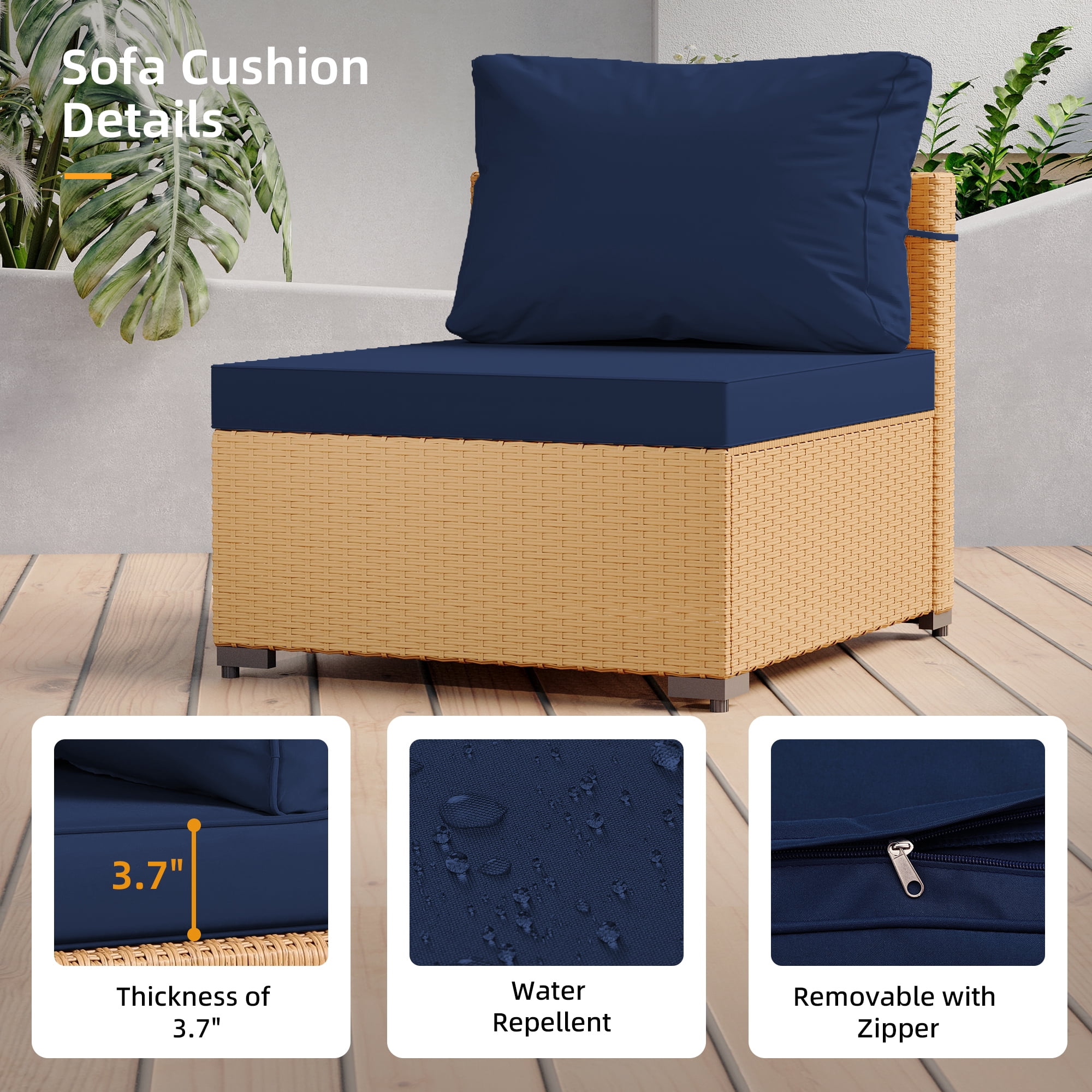 UPHA 5 Pieces Outdoor furniture Sets Patio Sectional Couch Wicker Conversation Sofa for Pools Outside, Gardens, Decks, Yellow Rattan, Navyblue Cushion