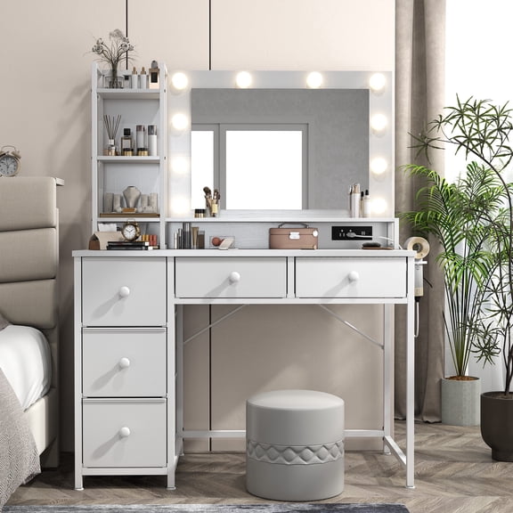 White Vanity with Mirror and Lights Makeup Vanity Desk with 5 Fabric Drawers Dressing Table with Storage Drawers for Bedroom