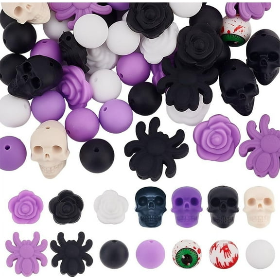 79 Pcs 14 Styles Skull Focal Beads Rose Eyeball Round Beads Silicone Beads Assorted Beads for Bracelet Necklace Pens Keychain Goth Craft