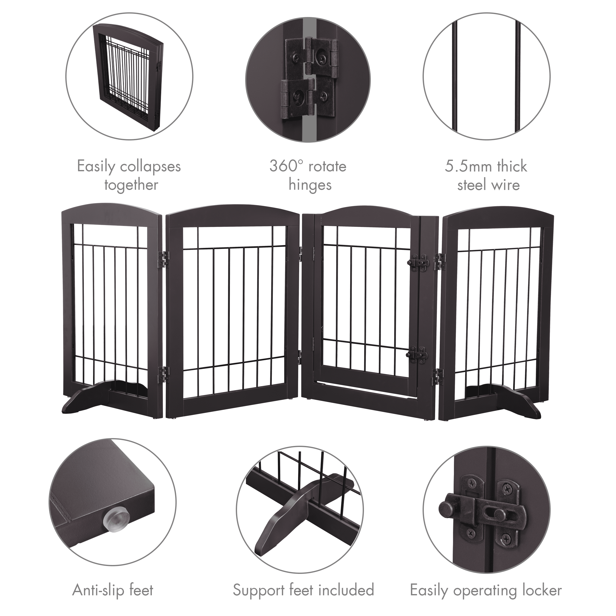 STAROUS Esspresso Freestanding Dog Gate with Walk-Through Door: Secure Indoor Barrier - 80" Wide, 24" Height, 4 Panels