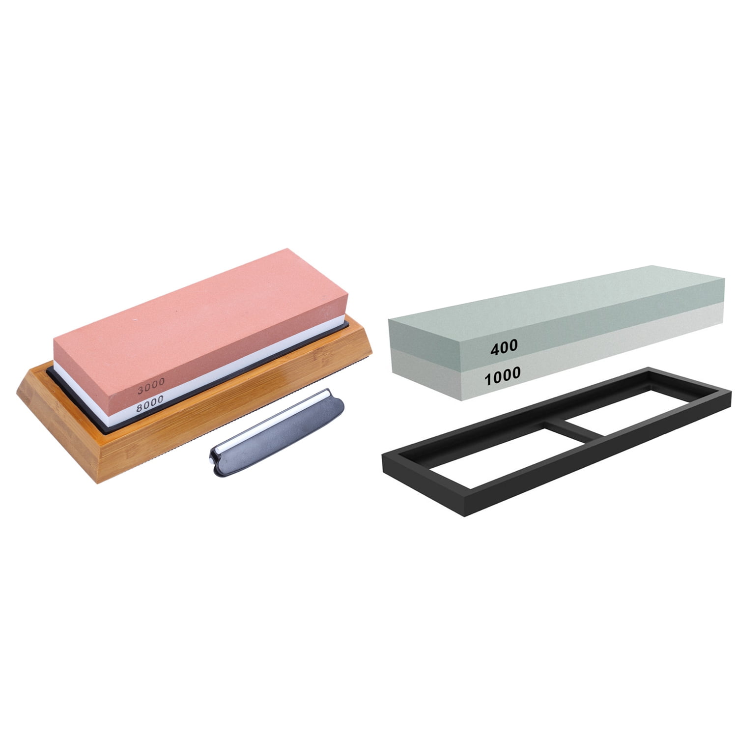 2 Set Sided Whetstone Set:1 Set 3000 and 8000 Grit for Knives with Non-Slip Bamboo Base and Free Angle Guide & 1 Set 400/1000 Grit , Knife Sharpener Rubber Stone Holder Included