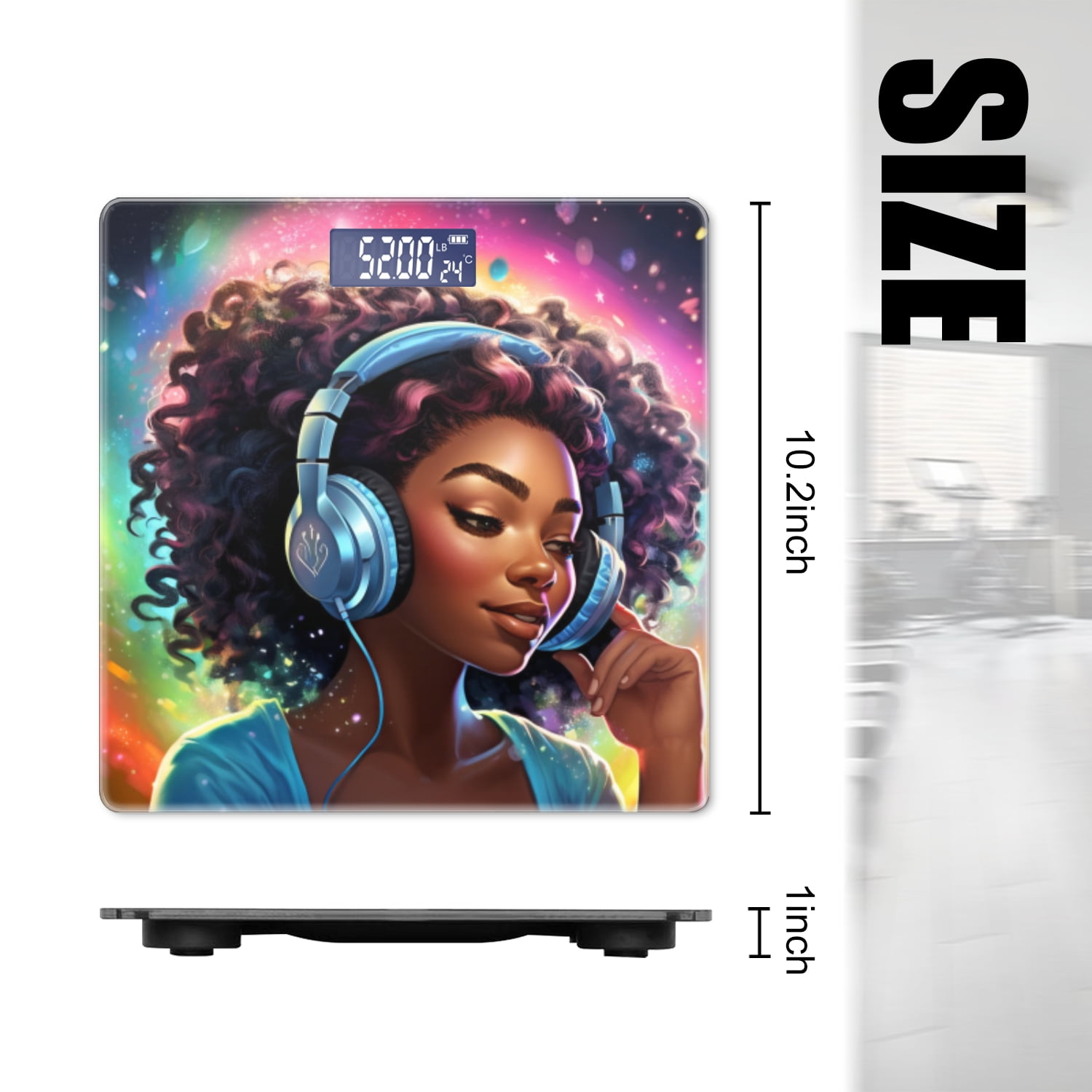 Bathroom Scale, Highly Accurate Digital Body Scale,Precisely Measures Weight up to 400 lbs-Beautiful Black Woman With Curly Hair Wearing Headphones