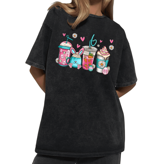 Cute Easter Bunny Drink Cup Collage Wash Print Tshirt S-2XL Acid Washed Black Graphic Tees Casual Shirts for Easter Tops