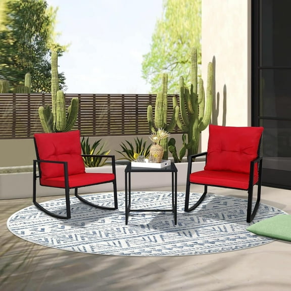 SUNCROWN 3-Piece Outdoor Patio Bistro Set Black Wicker Rocking Chairs and Coffee Table (Red Cushion)