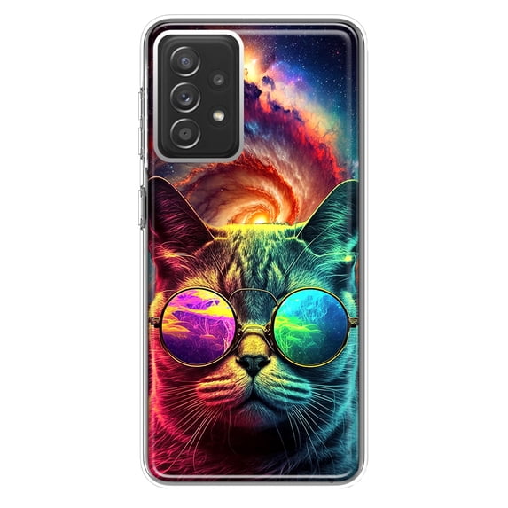 MUNDAZE Samsung Galaxy A72 Neon Rainbow Galaxy Cat Shockproof Clear Hybrid Protective Phone Case Cover