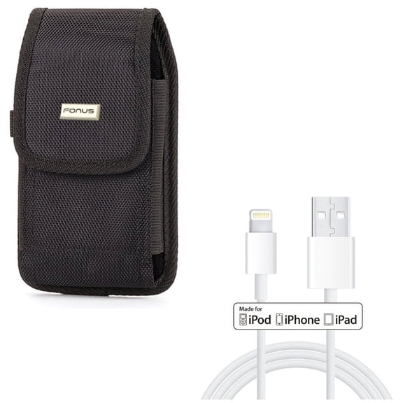 MFi USB Cable w Case Belt Clip for iPhone XS - 3ft Certified Charger Cord Power Wire, Rugged Holster Canvas Cover Pouch for iPhone XS