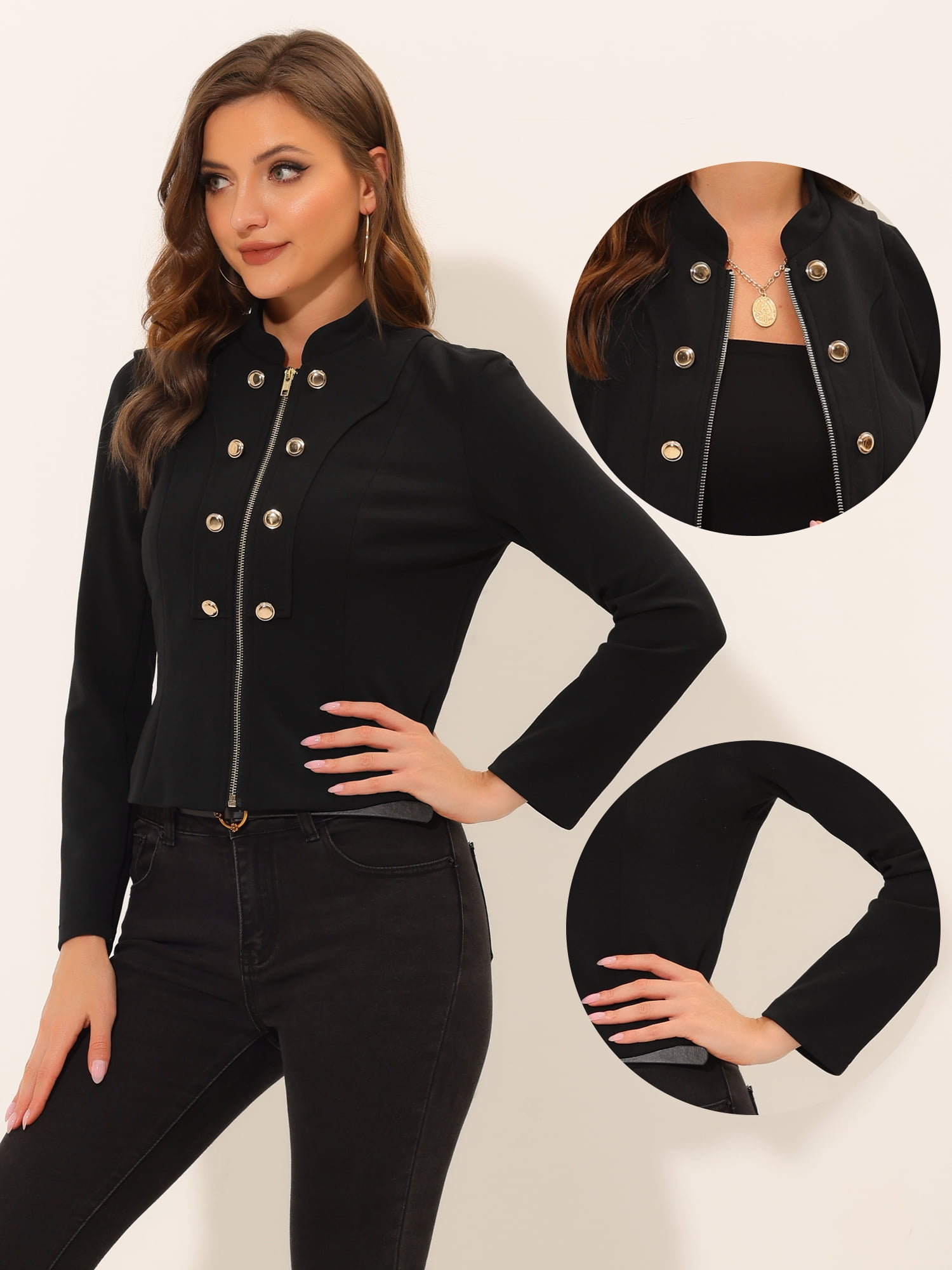 Unique Bargains Women's Stand Collar Button Decor Zip Up Blazer Jacket XS Black