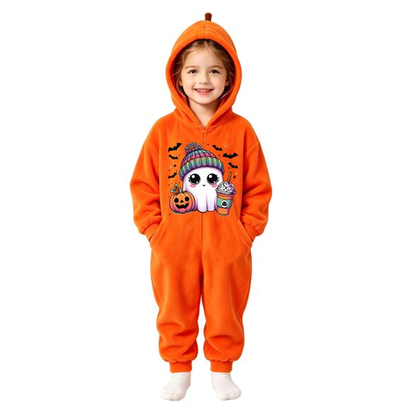 Grblisyd Kids Soft Flannel Onesie Sleepwear Hooded Full Body Halloween Sleep Jumpsuit Cute Ghost Print Loungewear for Boys Girls