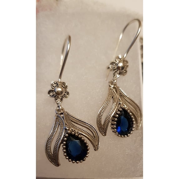 Fine Oxidized Silver & Blue Sapphire Dangling Earrings Handmade Genuine 925 Sterling Silver for Women