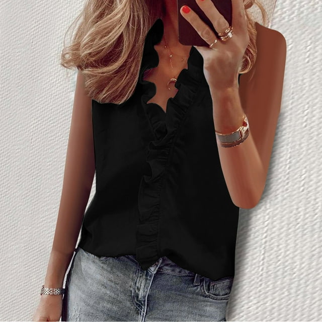 Frostluinai Womens Ruffle Front Tank Tops Casual V Neck Ruffled Collared Tanks Cute Sleeveless Ruffle Placket Button Front Vests