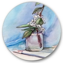 Designart 'Cherry Blossom Flowers In Glass Jar' Farmhouse Circle Metal Wall Art 36x36 - Disc of 36