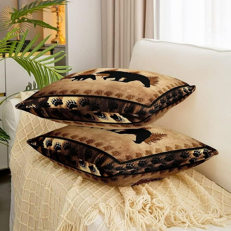 Bear Throw Pillow Covers 18 x18 Set of 2 Soft Wild Animal Cushion Covers for for Couch Sofa Rustic Cabin Country Nature Wildlife Bear Tree Yellow