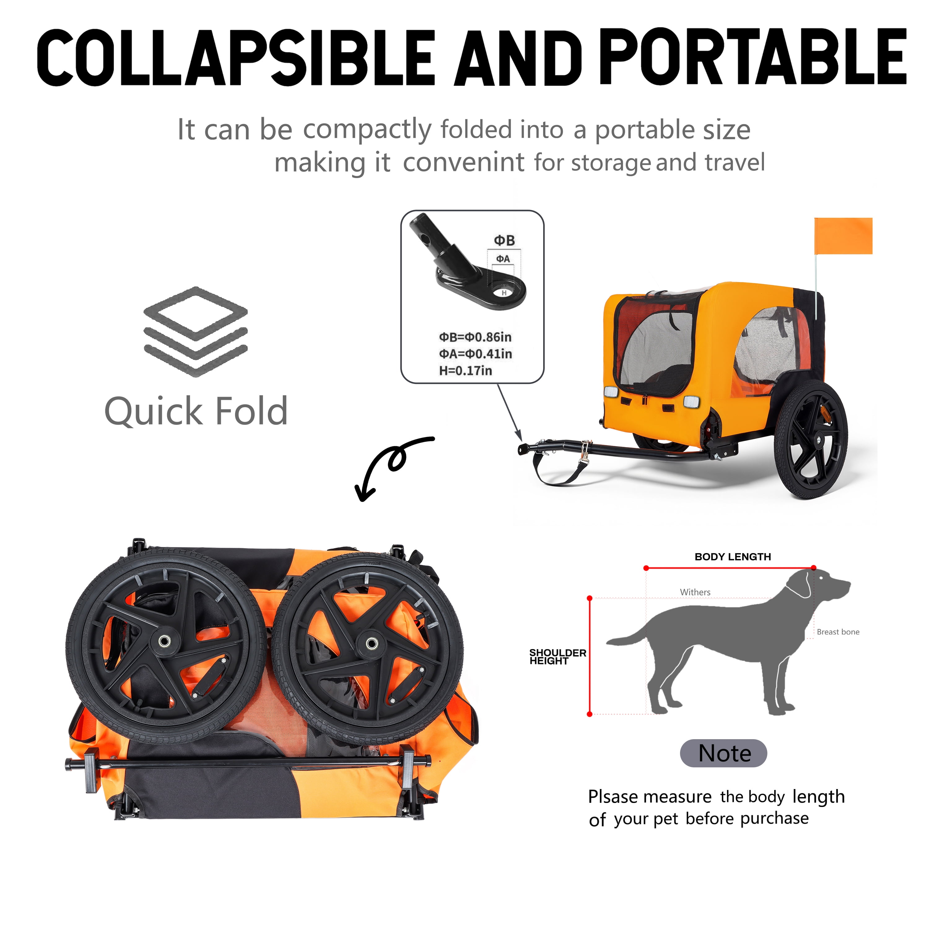 Collapsible Pet Bike Trailer, 16in All-Terrain Wheel Foldable Dog Carrier Cart with Universal Hitch, Reflective Safety Design Waterproof Mesh for Outdoor Cycling, Black & Orange