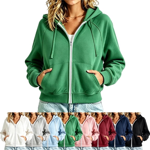 SYwaren Women's Trendy Full Zip Hoodie Long Sleeve Stand Collar Lapel Drawstring Short Solid Color with Pockets Fashion Classic Stylish
