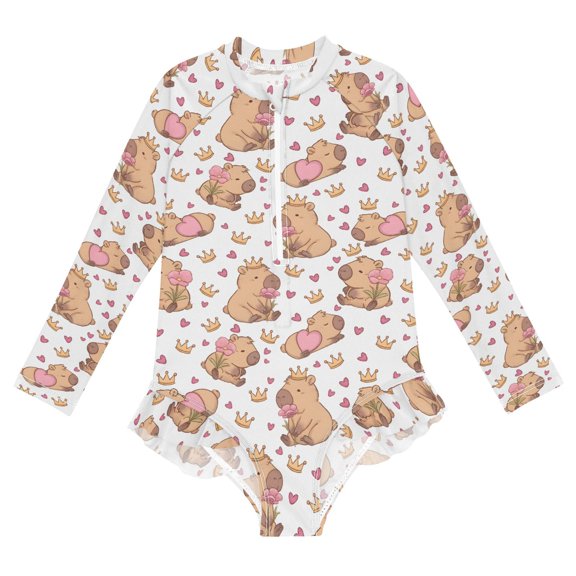 Capybara Crown Heart One-Piece Swimsuit Long Sleeve UV Sun Protection UPF50 Rashguard Front Zip Quick-Dry Swimwear for 3-12 Years