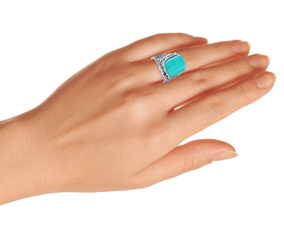Carved Large Bezel Rectangle Boho Fashion Statement Stabilized Turquoise Ring For Women For Teen 925 Sterling Silver 