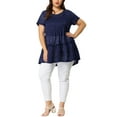 thumbnail image 2 of Unique Bargains Women's Plus Tunic Tiered Lace Round Neck Short Sleeve Peplum Tops 1X Navy, 2 of 7