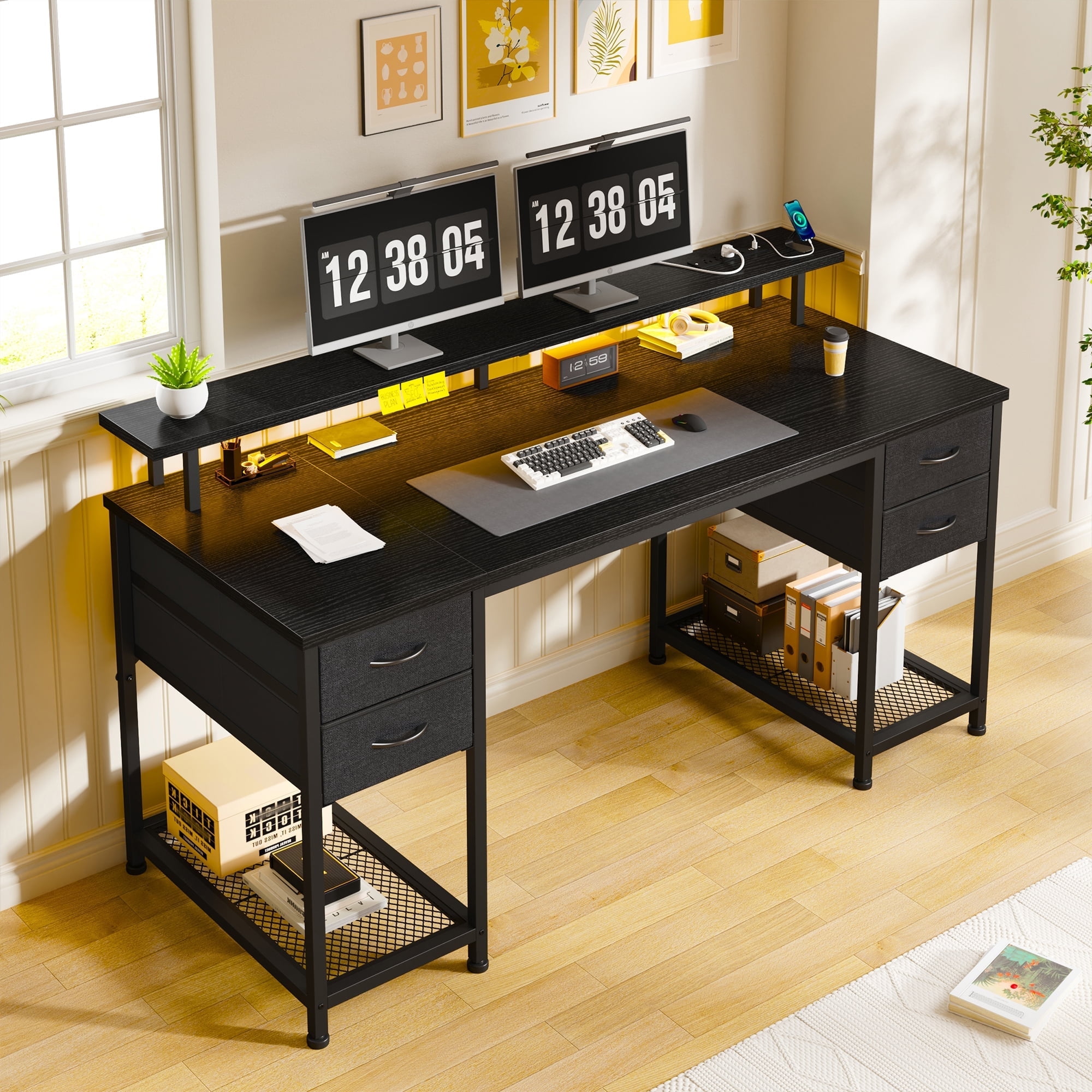 EnHomee Office Desk with 4 Fabric Drawers Gaming Desk with LED Light & Power Outlets Computer desk for Bedroom,Black
