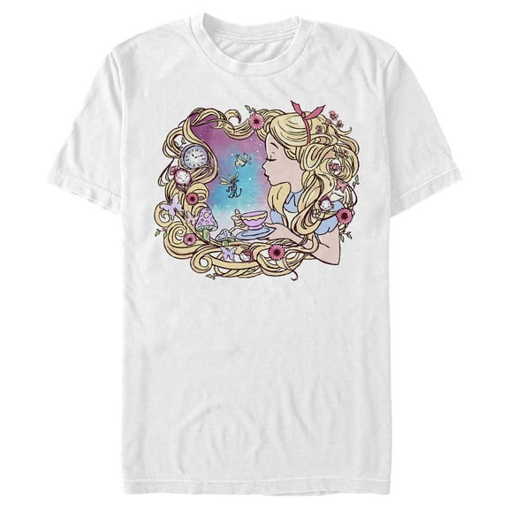 Men's Alice in Wonderland Artistic Alice Long Hair Tea Party Graphic Tee White Medium