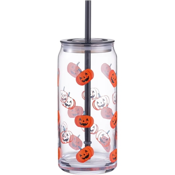 Halloween Pumpkin Glass Can Sipper Tumbler 20oz, Festive Glass Cup with Lid and Straw for Cold Drinks, Seasonal Home Decor for Parties & Everyday Use (1pc)
