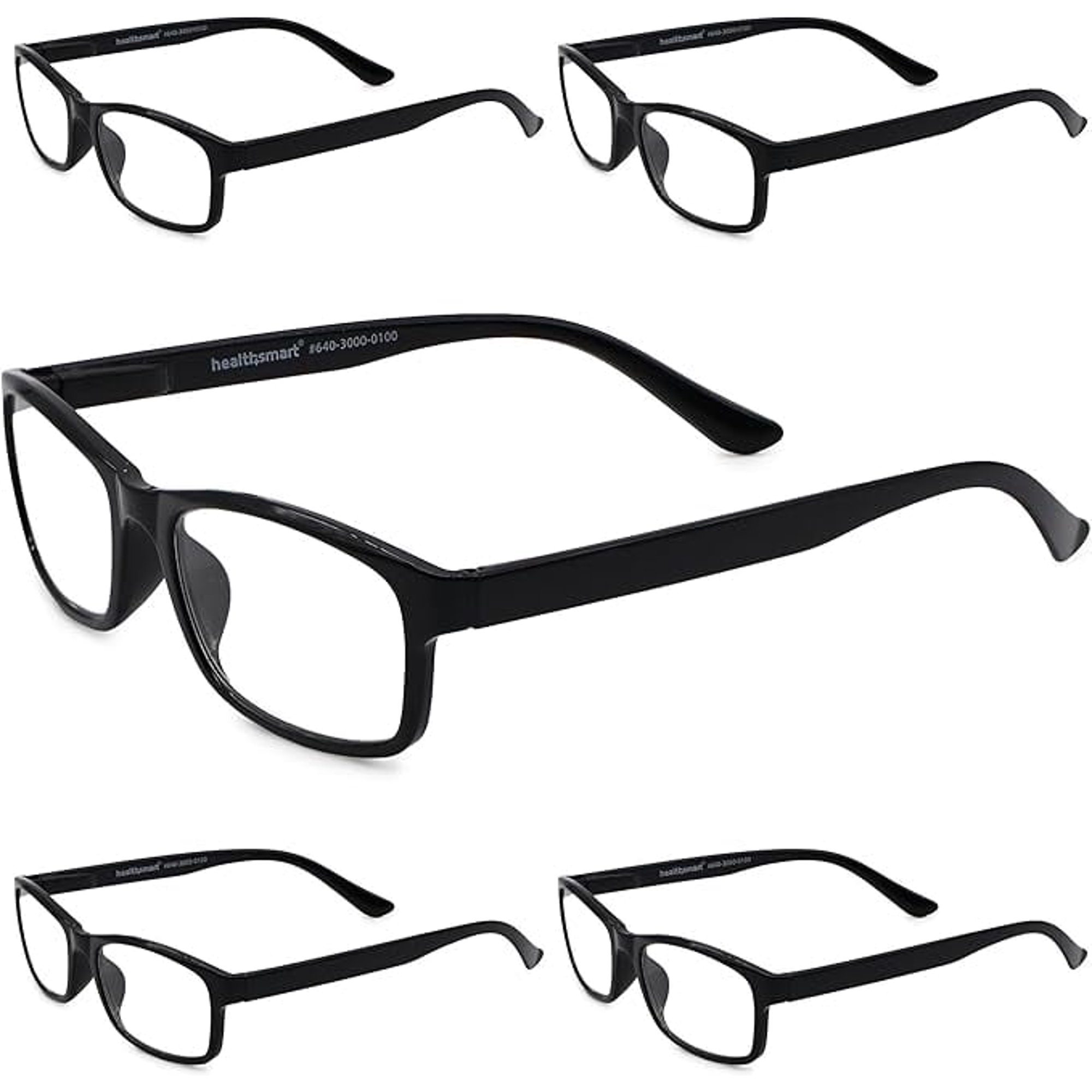 HealthSmart Blue Light Blocking Reading Glasses, Pack of 5, Black, 2X magnification, UV/UVA/UVB protection, Ultra-light, Flexible, Spring Hinges that Fit All Face Types, Durable Frames