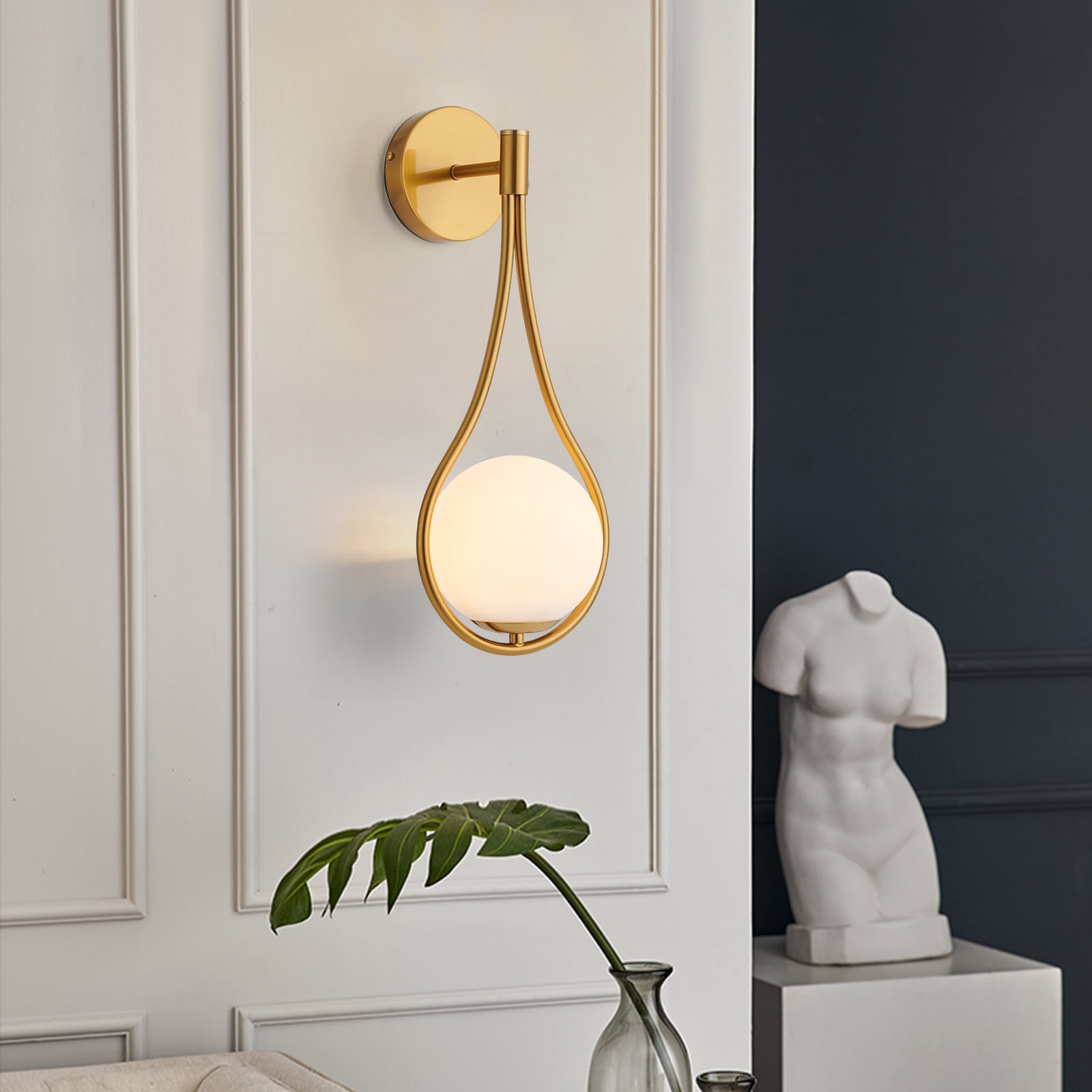 ECD Lighting Luxury Gold Vanity Lights Modern Wall Sconce Light Fixture - White Glass Shade Wall Lamp for Home Decor, Room Decor, Hallway, Bathroom