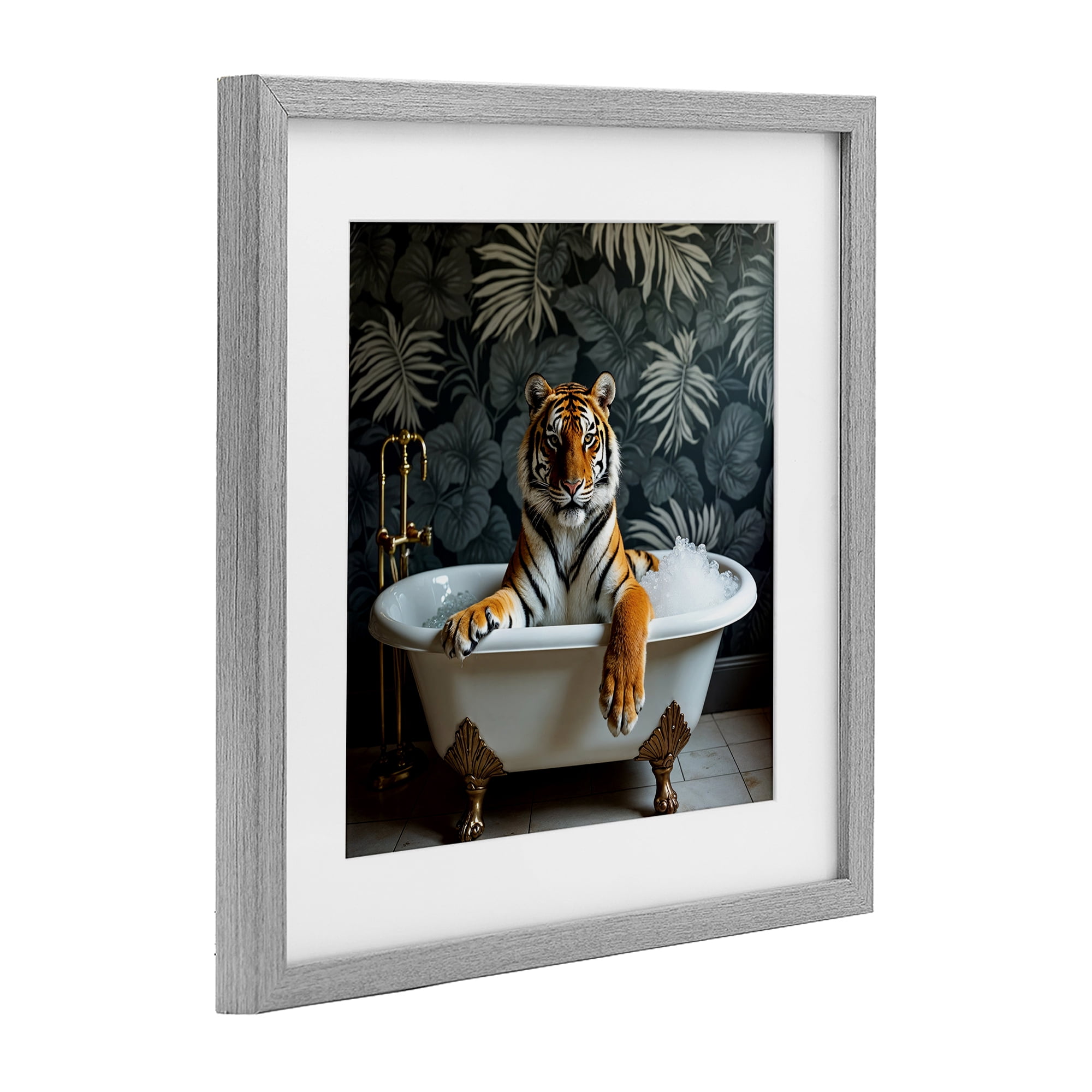 Tiger in Exotic Bubble Bath Gray Framed Print Under Glass, design by Lettered and Lined