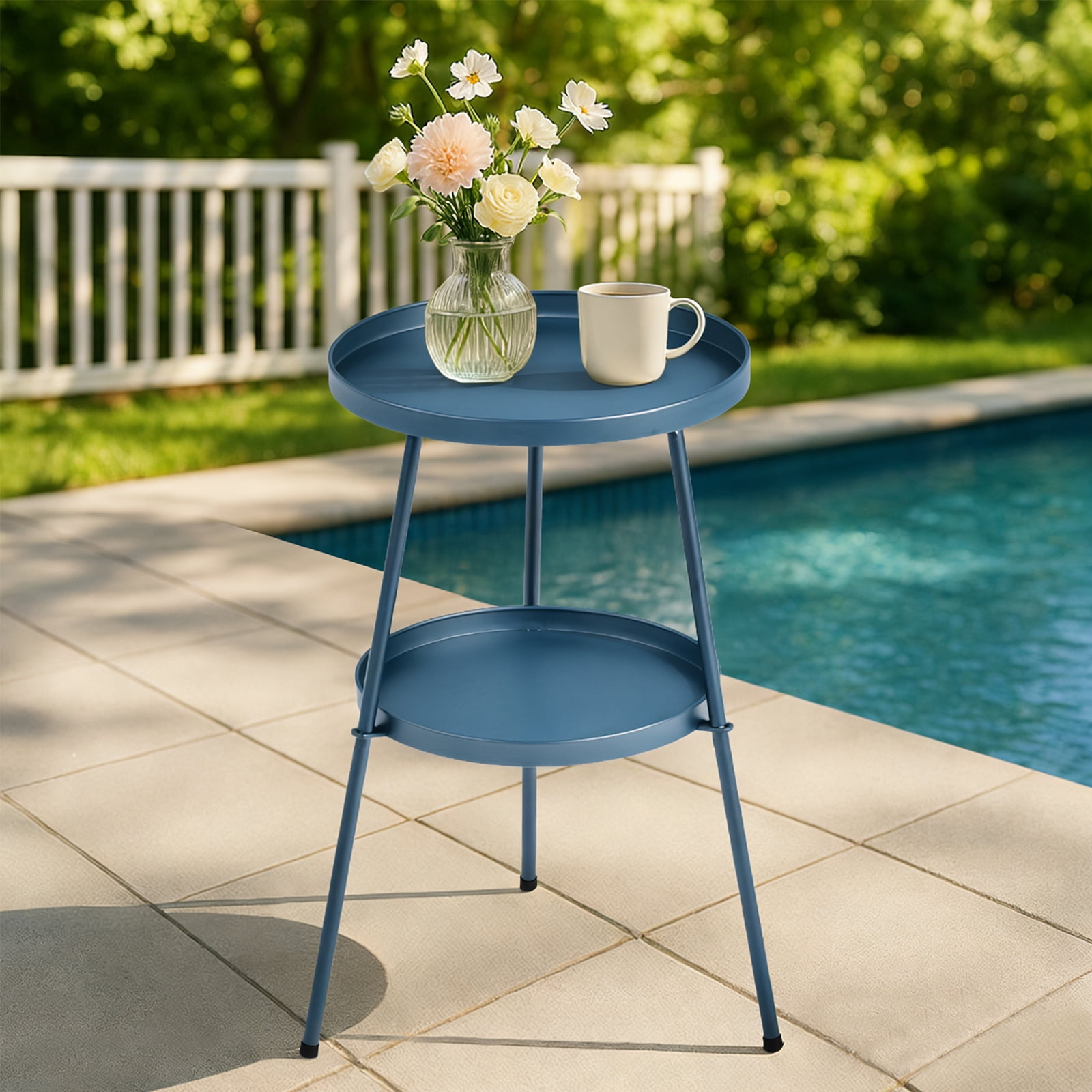 Round 2-Tier Small Side Table, Navy Blue Metal Frame, 12.6 Inch Diameter Compact End Table, Adjustable Non-Slip Feet, Indoor Outdoor Table for Living Room Bedroom Patio Balcony