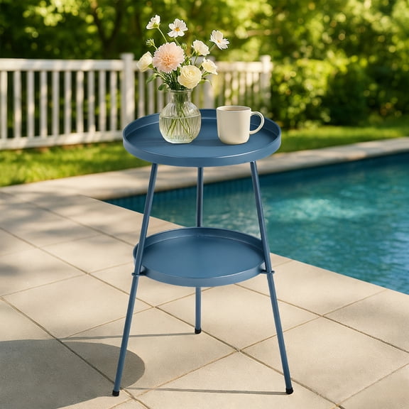 2-Tier Round Side Table, Small Metal End Table for Indoor Outdoor Use, Navy Blue Coffee Table with Adjustable Feet