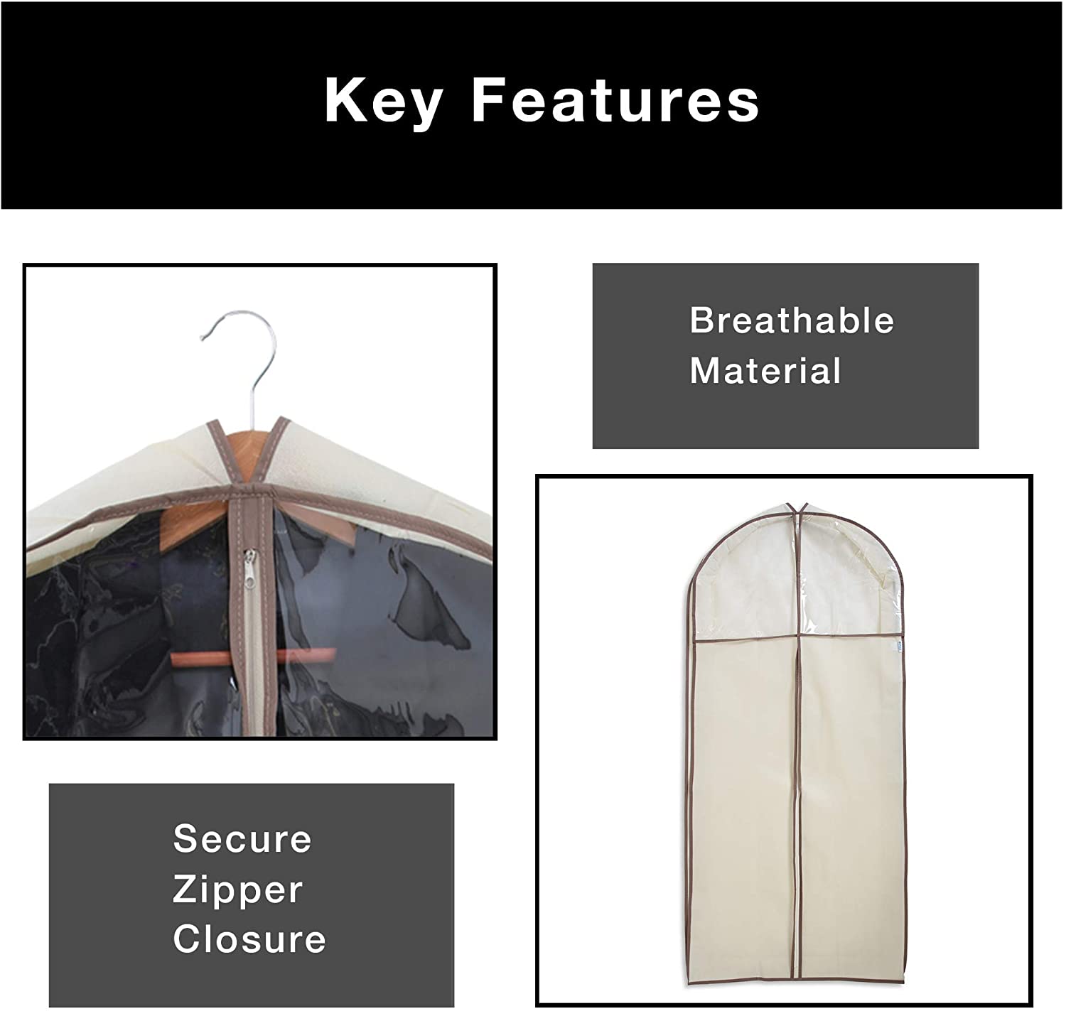 Smart Design Gusseted Garment Bag with Clear Window - Set of 6 - 24 x 54 Inch - Includes Zipper Closure and Travel Loop - Suits, Dresses, and Gowns Storage Organization - Beige