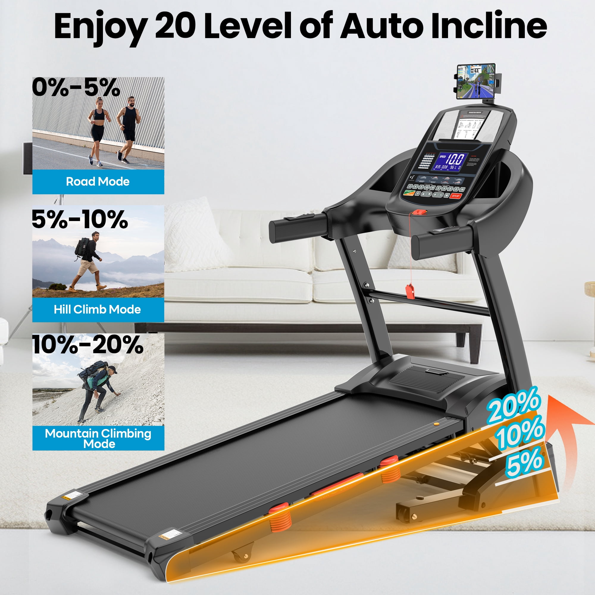 20% Auto Incline Treadmill 5.1HP for Home, Folding Treadmill w/ 300LB Capacity, Dual HiFi Speaker, App Control w/ Virtual Running, 64+7 Programs, 6 Point Shock-absorbing Cushions, Portable Treadmill