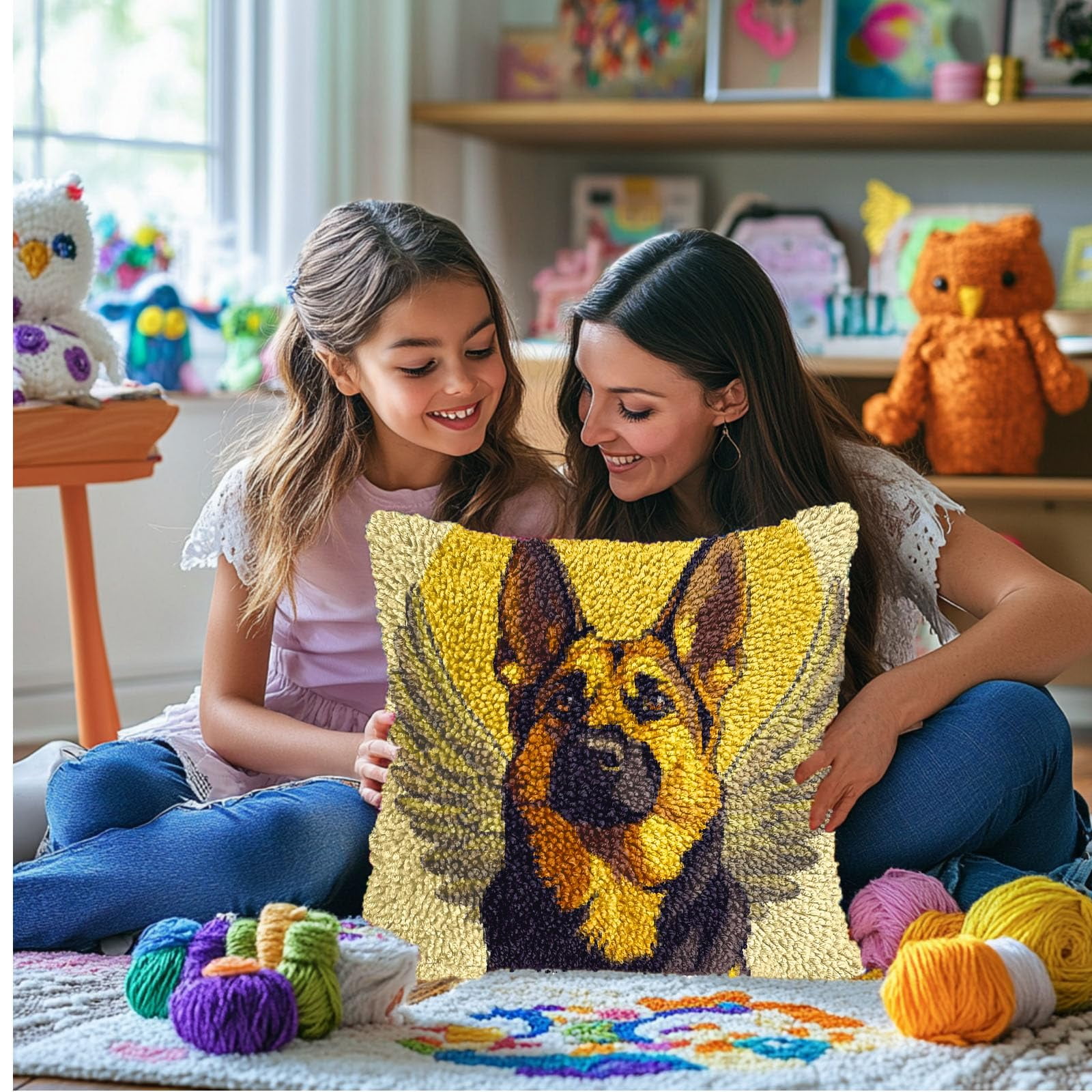DIY Latch Hook Pillow Kits for Adults German Shepherd with Angel Wing Printed Pillowcase Crochet Yarns Hooking Handmade Pillow Cover Cushion for Home Sofa Decoration 17x17inch-4