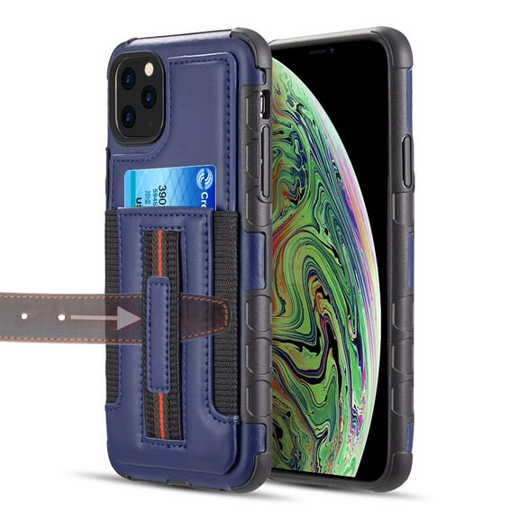 Apple iPhone 11 PRO Phone Case with Ring Grip Holder Finger Hand Elastic Strap Leather Cover with Credit Card Holder Slots Anti-Scratch Anti-Shock Shell Hybrid Case [BLUE] For Apple iPhone 11 Pro