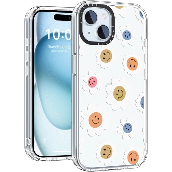 Wildflower Phone Case for iPhone 14 Cute Trendy Aesthetic Floral Design for Women & Girls - Military-Grade Drop Protection - Clear Hard Shell Protective Cover - Colorful Smiley Face