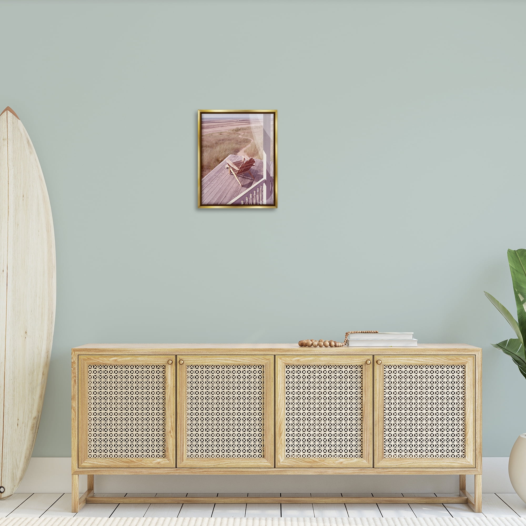 Stupell Industries Hamptons Beach Porch Landscape Painting Gold Floater Framed Canvas Art Print Wall Art, 17 x 21