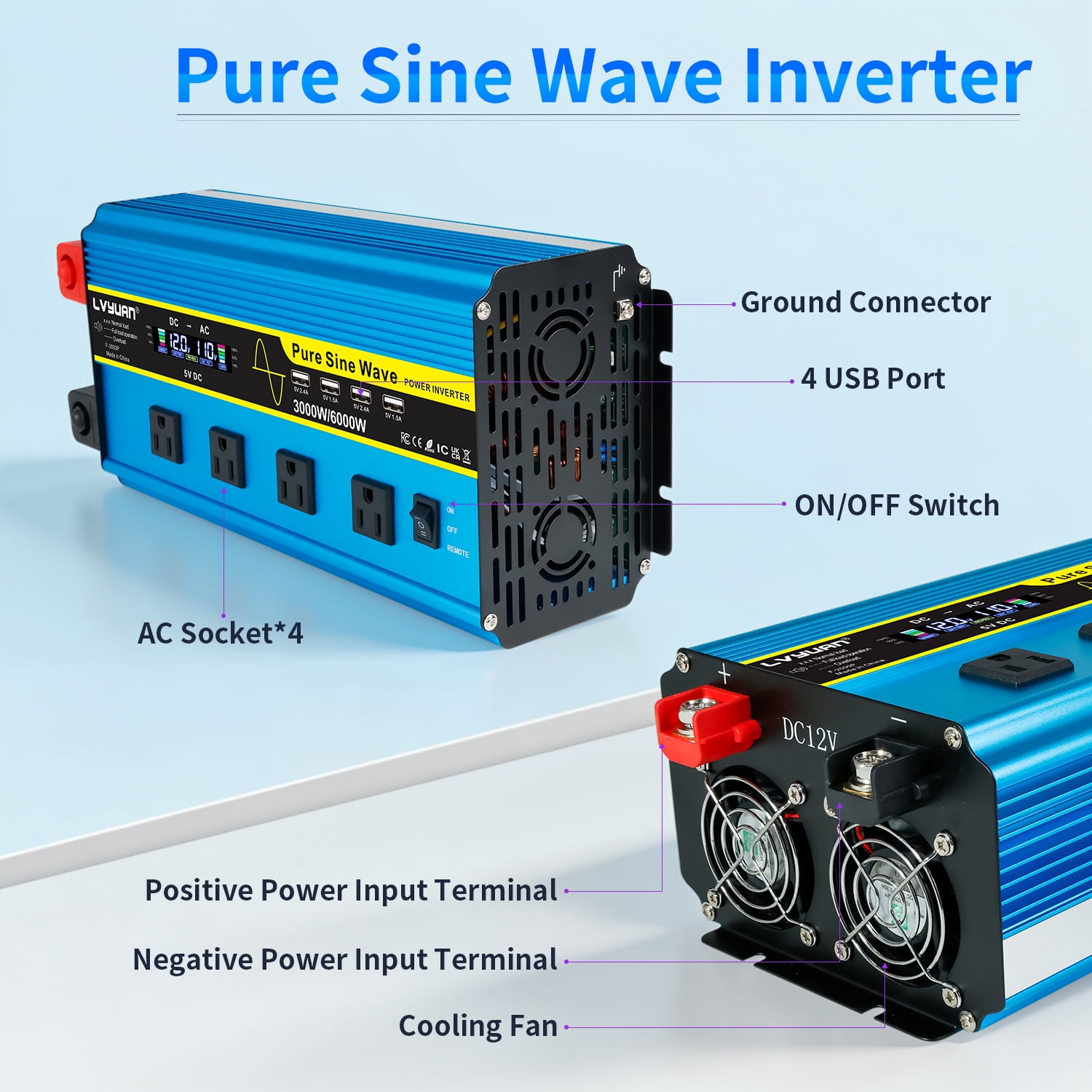 LVYUAN 3000W Pure Sine Wave Power Inverter 6000W Peak DC 12V to AC 110V Car Converter with LCD Display, Remote Control, 4 AC & 4 USB Ports, for Car, RV, Truck, Camping, Off-Grid, Home Backup Blue