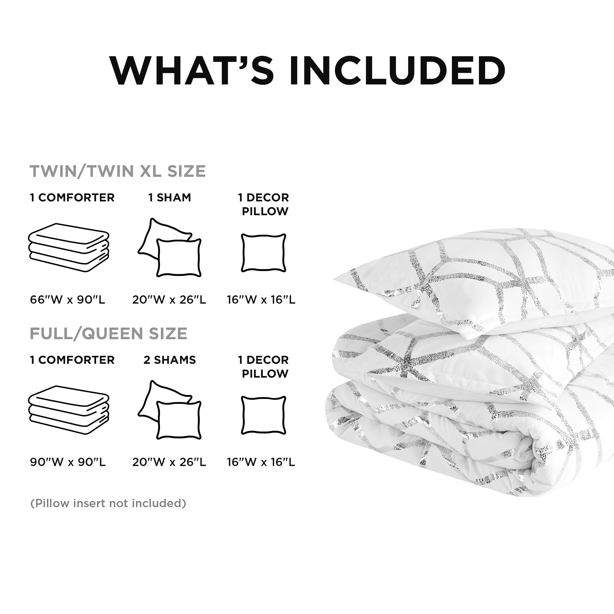 Comfort Spaces Full/Queen Size Comforter Sets, 4-Piece Bedding Set for All Season, White and Silver Comforter Bed Set, Geometric Metallic