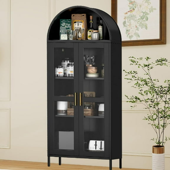 Garvee Arch Cabinet with Glass Door, 72.8" Large Arched Display Cabinet W/Adjustable Shelves for Kitchen Pantry, Living Room, Black