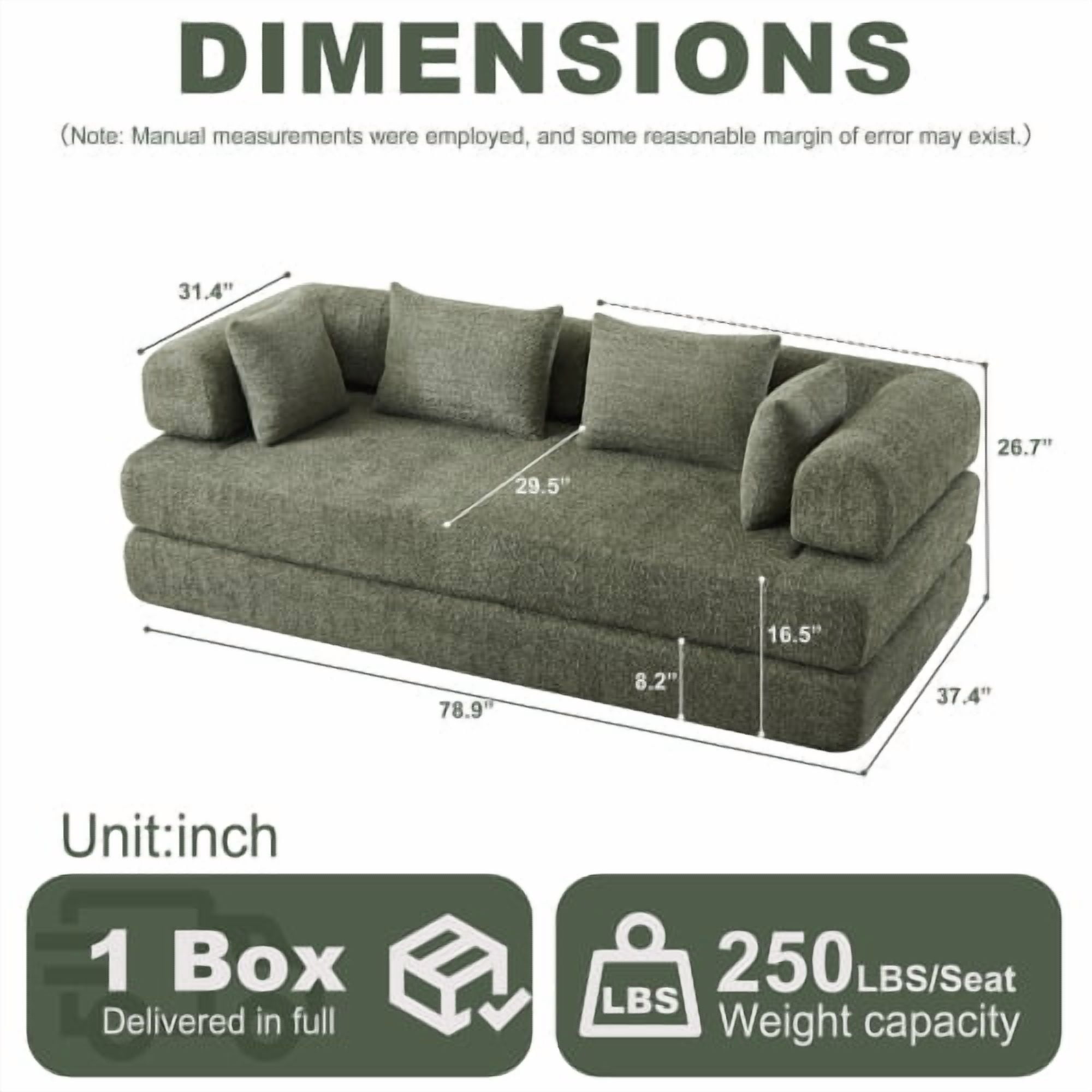 78.9-Inch Convertible Sleeper Sofa, Stain-Resistant Chenille Folding Mattress, DIY Modular Floor Lounge with Removable Armrests, Green