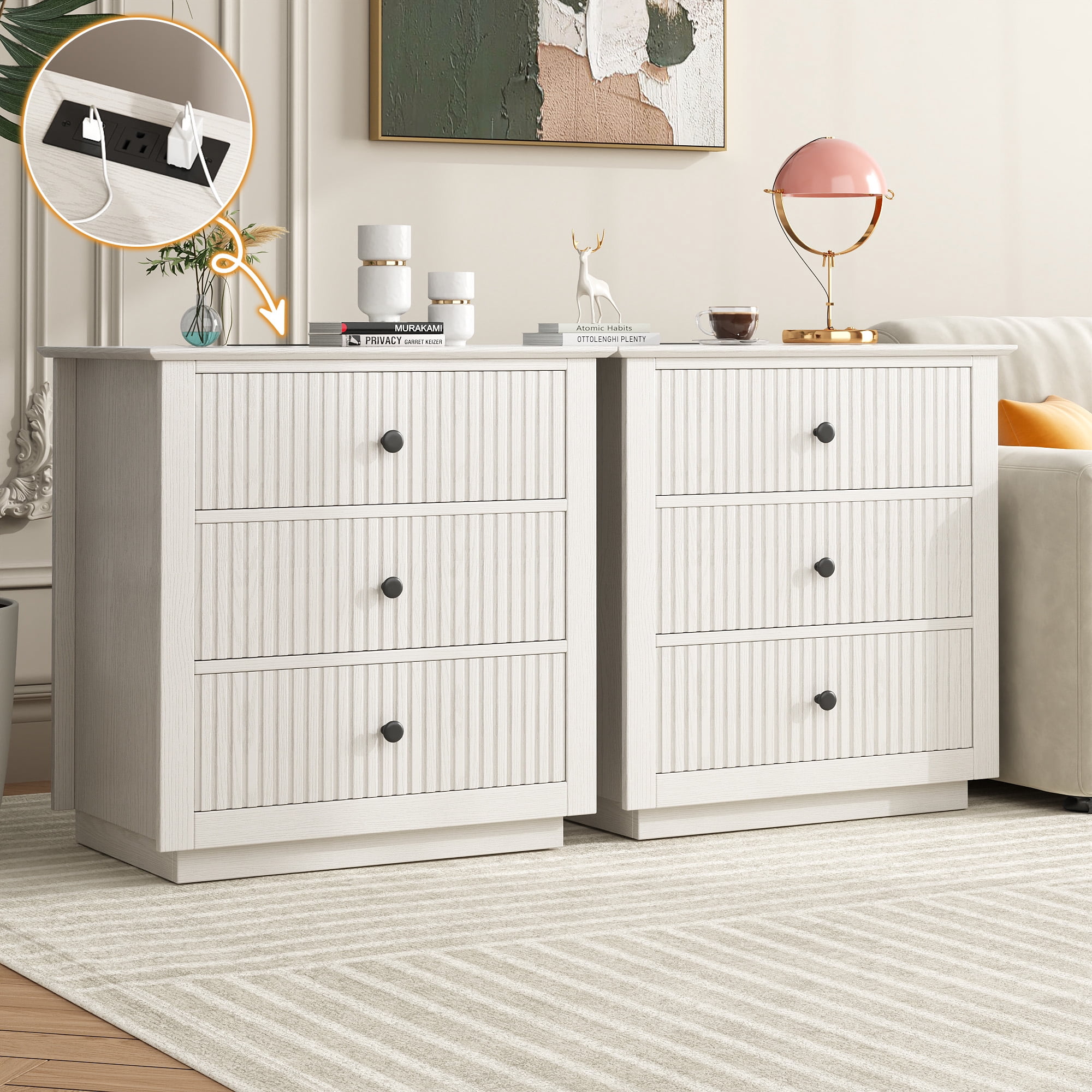 Modern Nightstand with Charging Station & 3 Drawers, 24 Inch Wide Bedside Table Set of 2 for Bedroom and Living Room, Large Storage End Table with Fluted Design, White