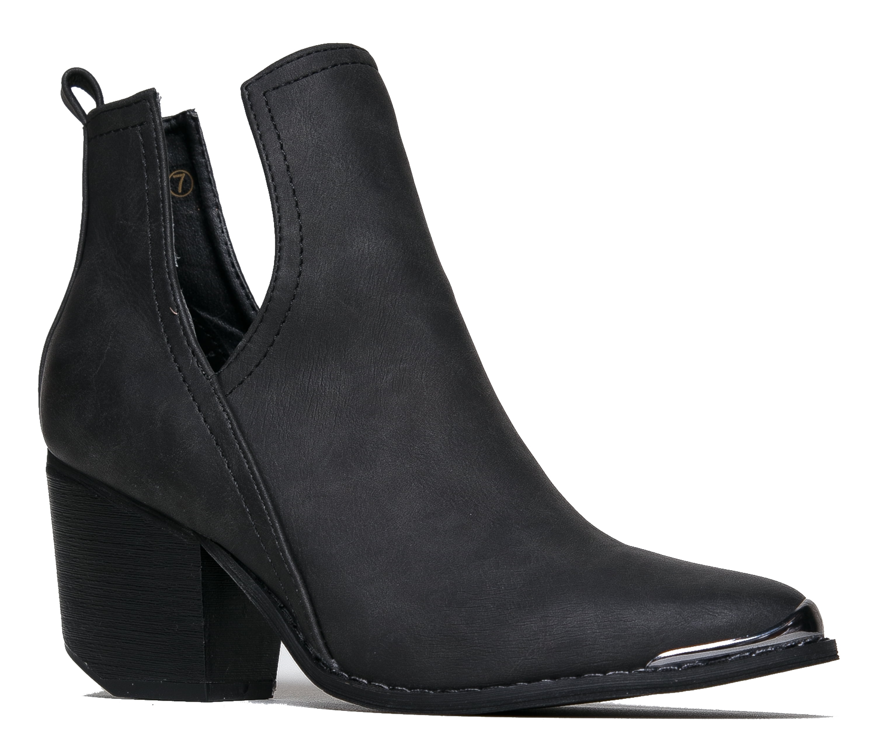 Mi.iM - Western Slip On V-Cut Out Stacked Heel Bootie â Side Cut Metal Tipped Ankle Pull Cowboy