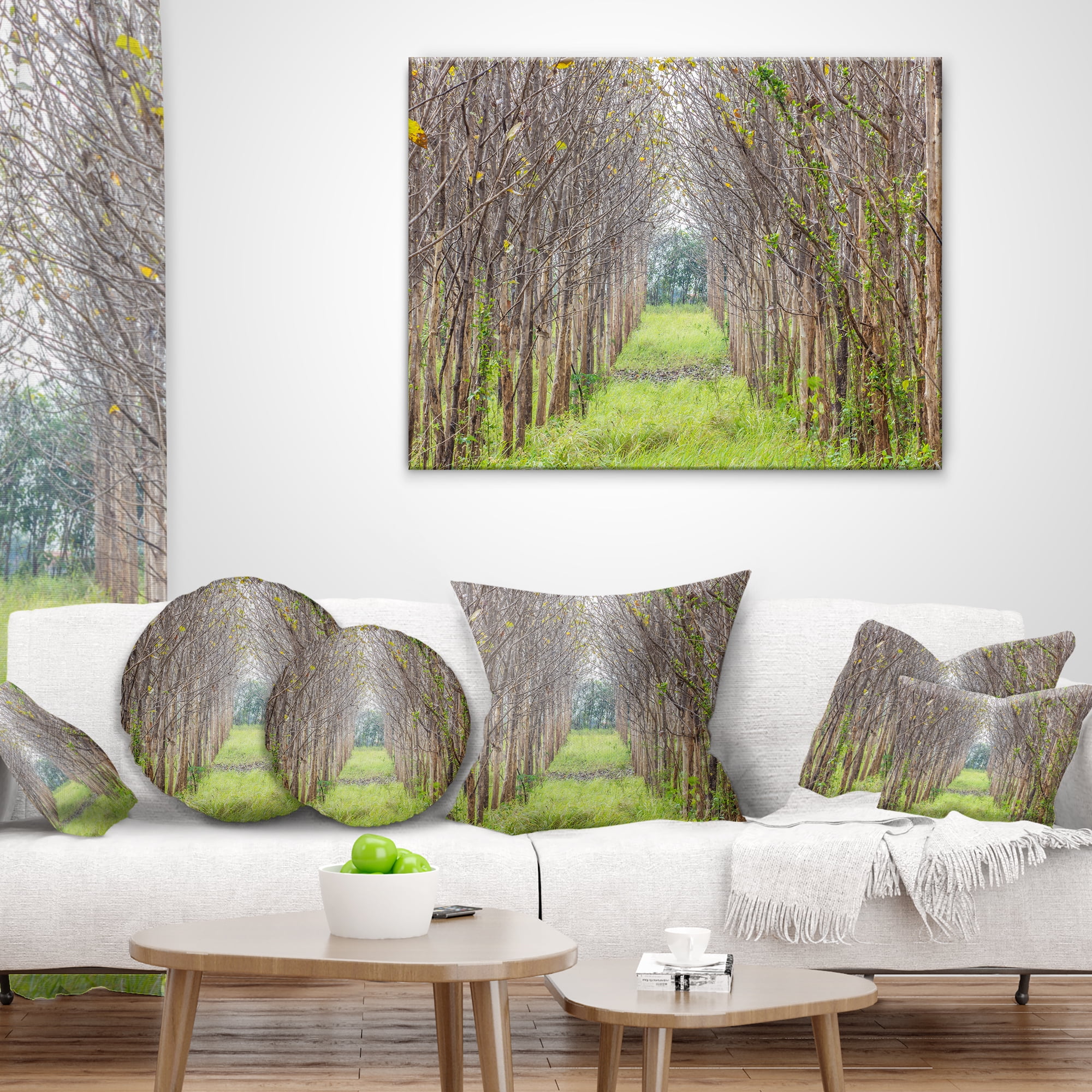 Designart Pathway Through Fall Green Trees - Landscape Photography Throw Pillow - 18x18