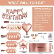 YANSION 62Pcs Birthday Decorations, Rose Gold Birthday Party Decorations Set Pink, Princess Party Supplies Kits with Confetti Balloons, Happy Birthday Banner Foil Balloons and Candles for Girls Women