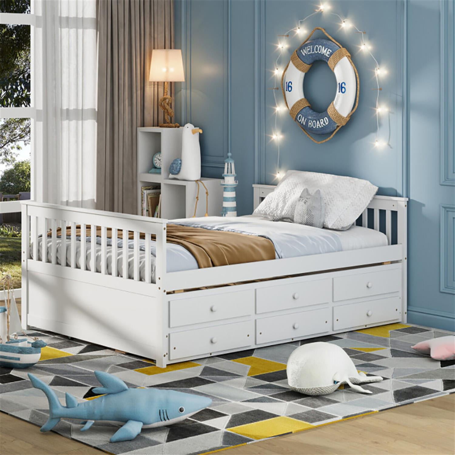 Demi Bonn Full Size Wood Daybed Frame with Trundle Bed and 3 Storage Drawers, Modern Bed Frame for Teens, White