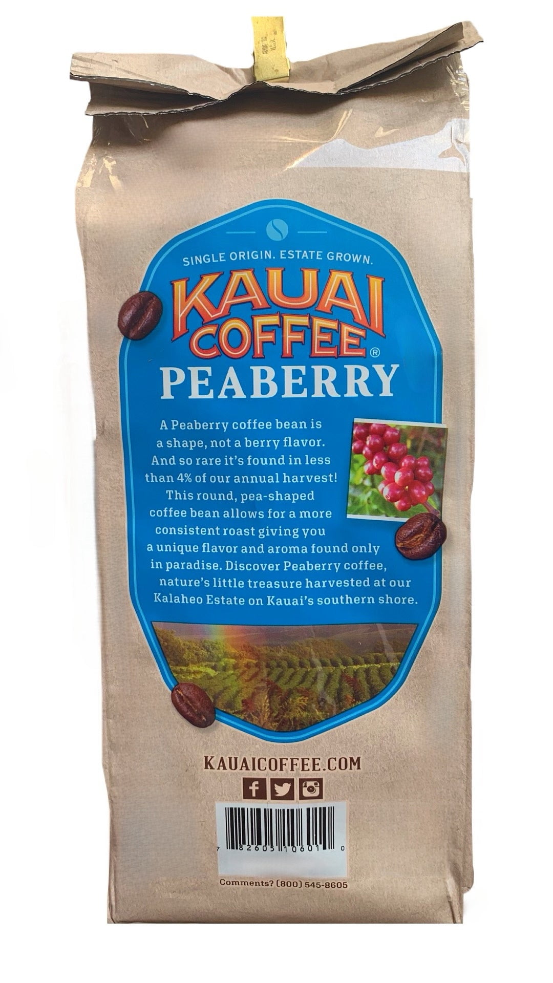 Kauai Coffee 100% Hawaiian Peaberry Whole Bean Coffee - 1lb