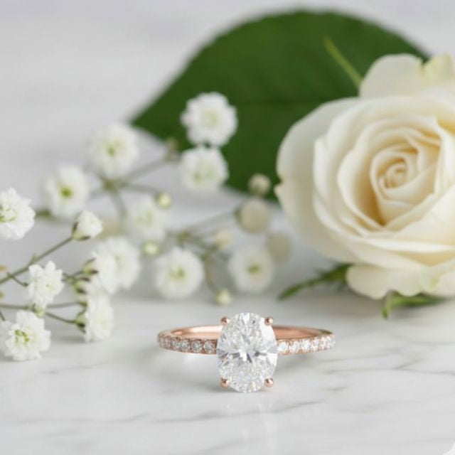 Mauli Jewels 1.75 Carat Oval Moissanite and Natural White Diamond Halo Engagement Ring for Women in 10K Rose Gold, 4-Prong Setting Bridal Wedding Gift