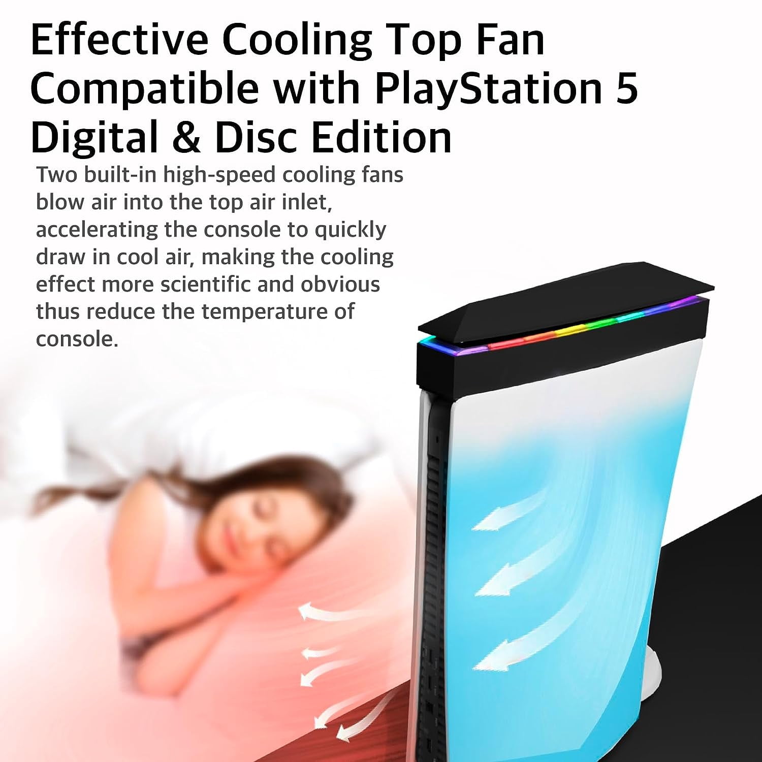 Prociv Upgraded Upper RGB Cooling Fan for PS5, Top Cooling System Cooler Fan with RGB Light, 3 Speed Adjustable Fan, Dual USB 2.0 Port for PS5 Console - Black