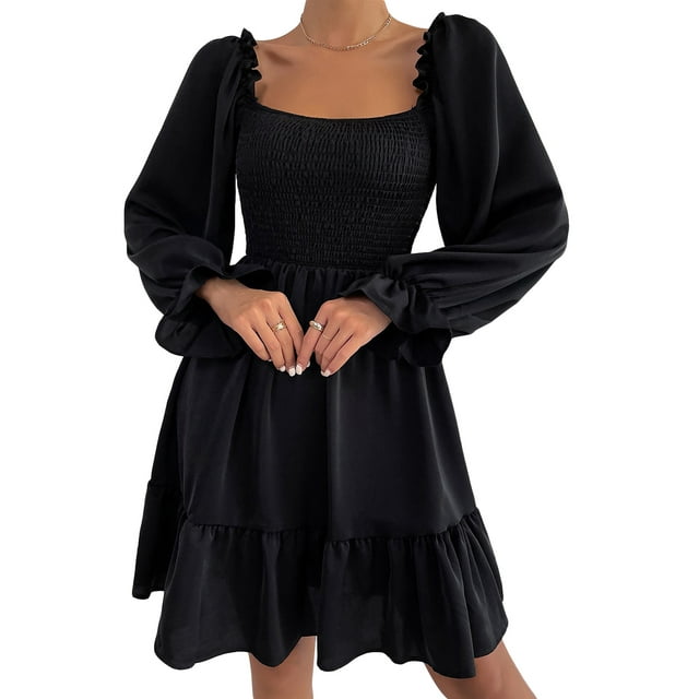Xingqing Robe Mini Trapèze pour Femme Aguichant à Manches Longues à Encolure Carrée, Smockée, à Volants, Unie, Noir P